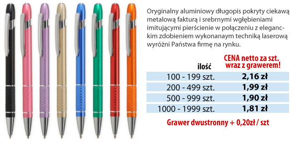 Długopisy ALUMINIOWE w 8 kolorach wraz z GRAWEREM 