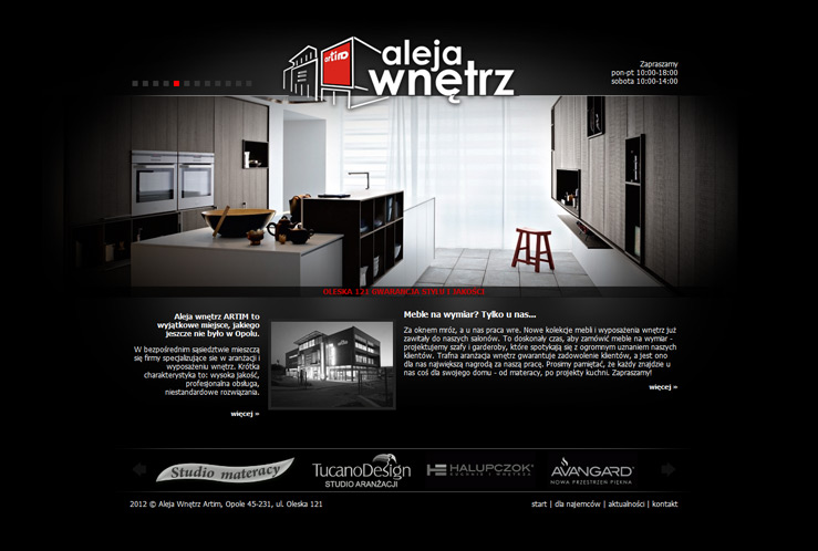 Projekt graficzny prostej strony firmowej salonu handlowego Aleja Wnętrz w Opolu