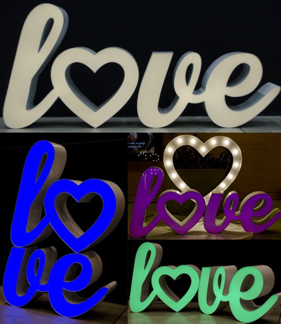 Wyjątkowa dekoracja literowa - podświetlany napis LOVE świecacy w różnych kolorach i czcionce z odręcznym pismem
